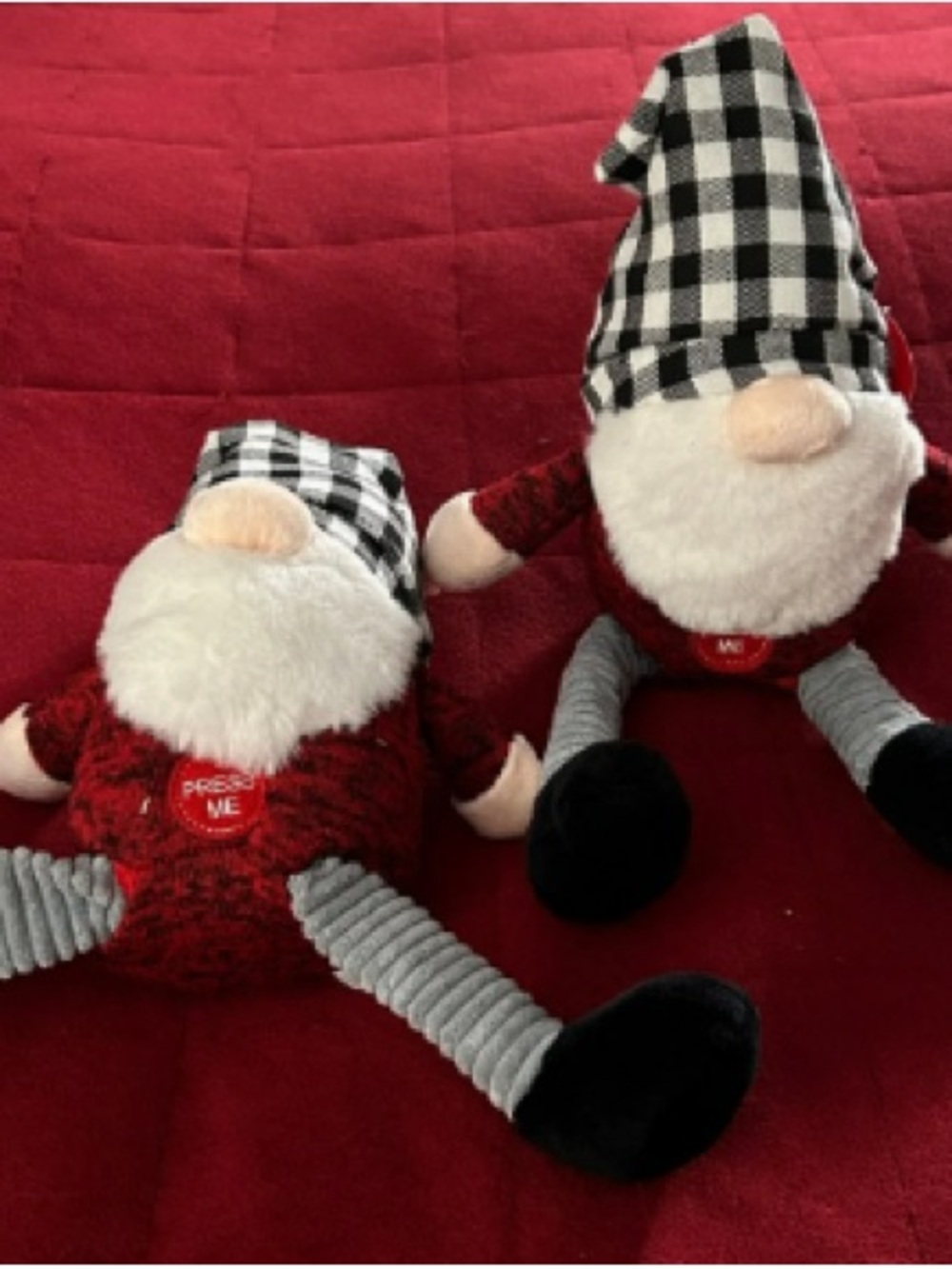 Red Plush Gnome Set with Black & White Plaid Hats